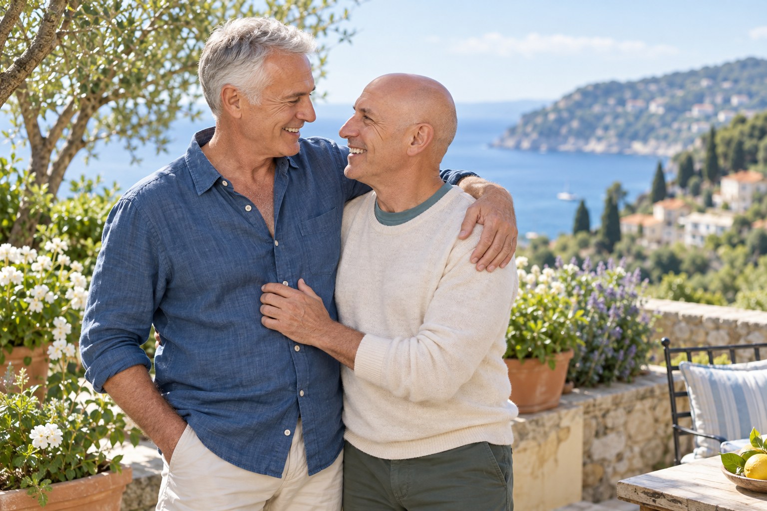 Two older men enjoying a walk together in a sunlit garden
