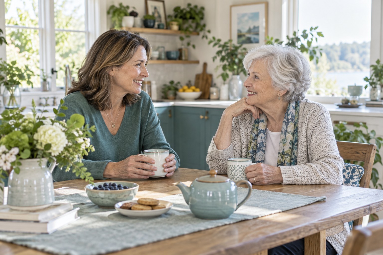 An adult daughter and her mother talking together over tea